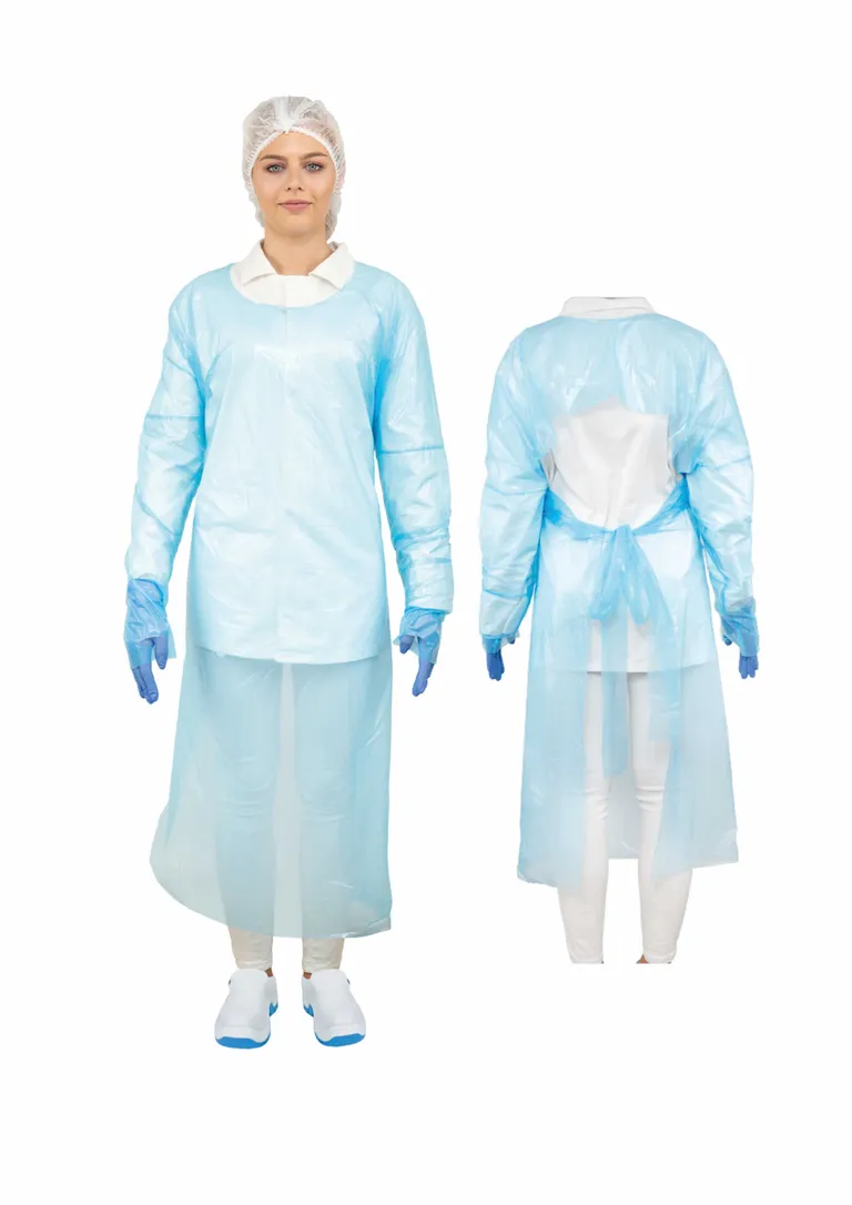 Engangskittel blå CPE, 1400mm lengde 